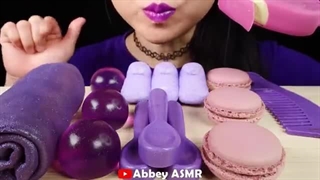 ASMR PURPLE FOOD EDIBLE TOWEL CREPE CAKE, SPOON, COMB (CHOCOLATE), MACARON, ICE CREAM, MARSHMALLOW