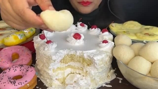 ASMR EATING CAKE WHITE FOREST CAKE,RASGULLA,RASMALAI,DONUTS AND CHUM CHUM *DESERT MUKBANG*