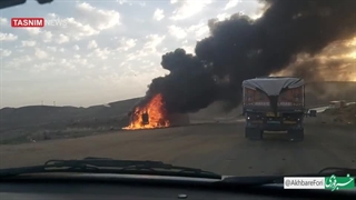 آتش+سوزی و واژگونی تریلی حامل گندم -محور بین المللی تهران -مشهد